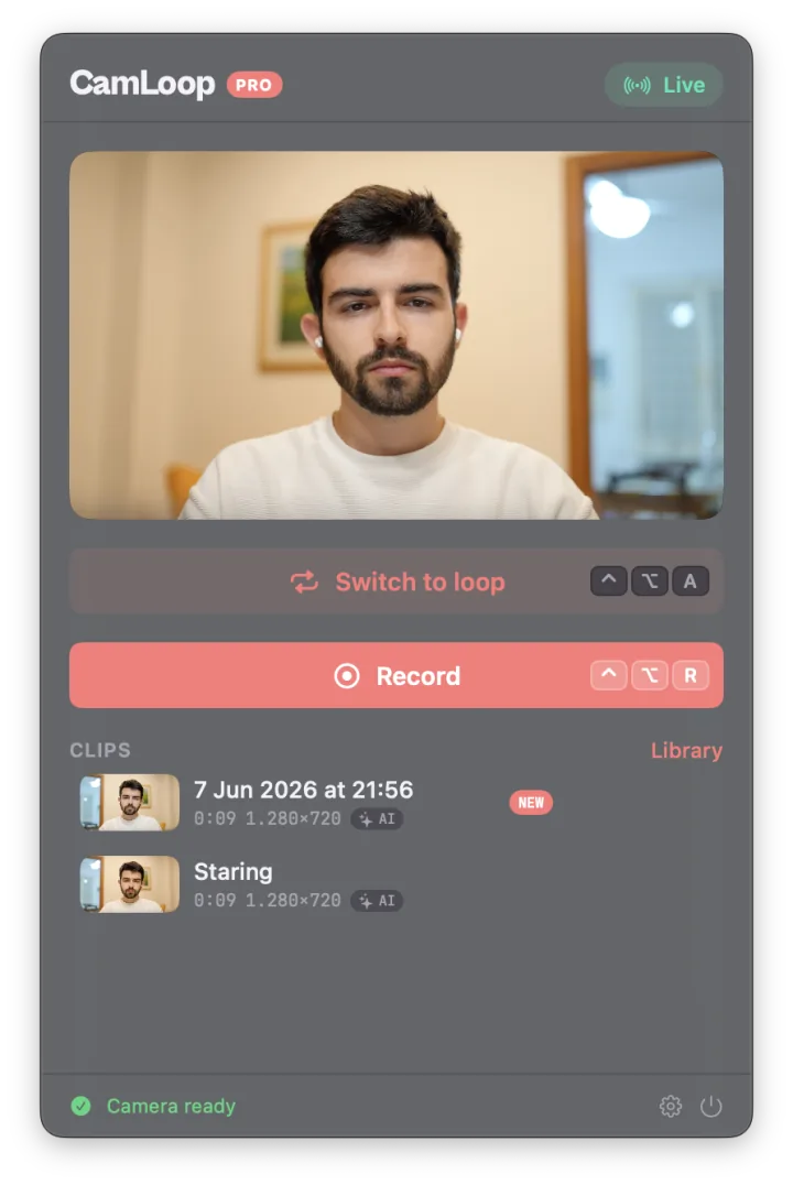 The CamLoop menu-bar popover on macOS: a live camera preview, a Switch to loop button with its hotkey, a coral Record button, and a list of saved clips.